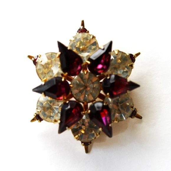 Jewelry Vintage Crystal Dark Purple Glass Stone Starburst Flower